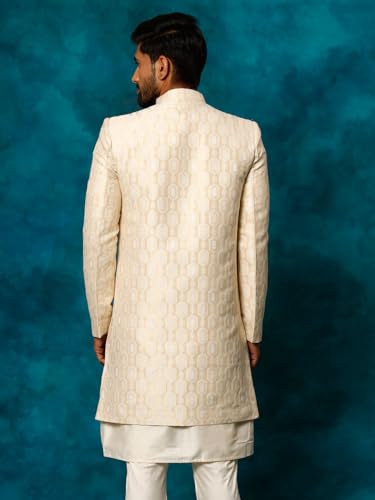 Image of VASTRAMAY mens VASTRAMAY Men's Beige Silk Blend Sherwani Only Top