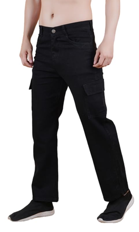 LINARIA Men’s Loose Fit Cargo Jeans, Black, Baggy Style with Multiple Pockets