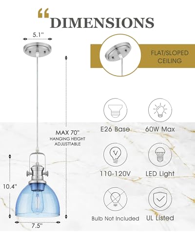 Image of 2-Pack 7.5 inch Brushed Nickel Pendant Lights, Blue Seeded Glass Shade | Farmhouse Vintage Hanging Light Fixtures for Kitchen Island Dining Room, Adjustable Hanging Height, E26 Base, 22151-1P2-SN-BL
