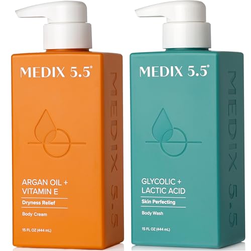 Image of MEDIX 5.5 Glycolic Acid Exfoliating Face & Body Wash Cleanser + Argan Oil Moisturizing Body Cream Lotion 2PC Skin Care Set | Alpha Hydroxy Acid & Lactic Acid Foaming Face Wash, 2PC Set