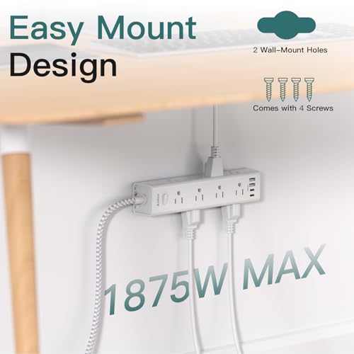 Surge Protector Power Bar - 10 FT Extension Cord, Power Strip with 12 Widely AC Outlet 4 USB, Flat Plug, Wall Mount Overload Protection, 1050J, Desk Charging Station for Dorm Home  image 2
