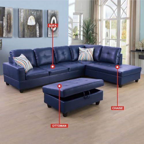 Image of L-Shaped 3-Piece Semi PU Synthetic Leather Sofa with Storage Ottoman Set, Sectional Couch Sofa Set for Living Room, Office, Small Space, Blue