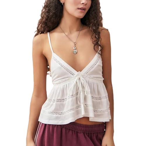 Women Y2K Floral Babydoll Tank Shirt V Neck Spaghetti Strap Ruffle Hem Crop Cami Boho Cute Going Out Top