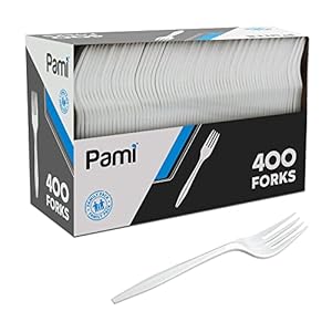 PAMI Medium-Weight Disposable Plastic Forks [400-Pack] – Bulk White Plastic Silverware For Parties, Weddings, Catering Food Stands, Takeaway Orders & More- Sturdy Single-Use Partyware Forks