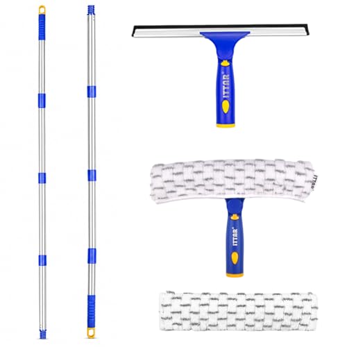 Image of ITTAR Window Squeegee with 2 Sets Separate Pole, 12 inch Rubber Squeegee and 11 inch Microfiber Pads, 60 inch-73.6 inch Telescopic Window Cleaning Kit with Rotating Head for High Windows, Shower Glass, Car Windshield