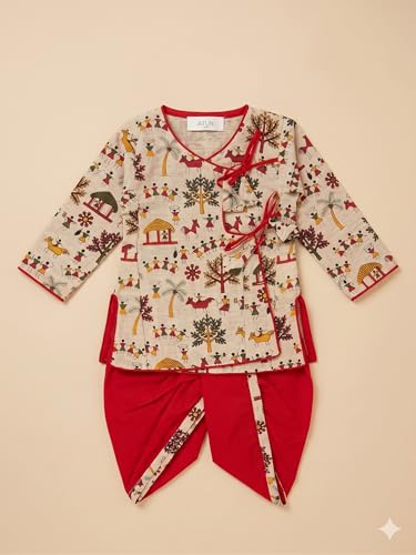 Image of A.T.U.N. (ALL THINGS UBER NICE) Baby Boys Warli Print Dhoti Kurta Set | 100% Cotton Ethnic Wear Set with Soft Comfortable Fit | Traditional Festive Outfit for Infants