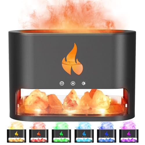 Fireplace Flame Essential Diffuser, Aromatherapy Essential Oil Diffuser, 250ml Himalayan Salt Lamp Diffuser, Cool Mist Ultrasonic Humidifier for Bedroom,Office,Home, Auto Shut-Off, Night Light (Black)