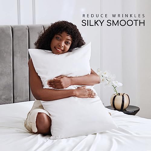 Image of MR&HM Satin Bed Sheets, Queen Size Sheets Set, 4 Pcs Silky Bedding Set with 15 Inches Deep Pocket for Mattress (Queen, White)