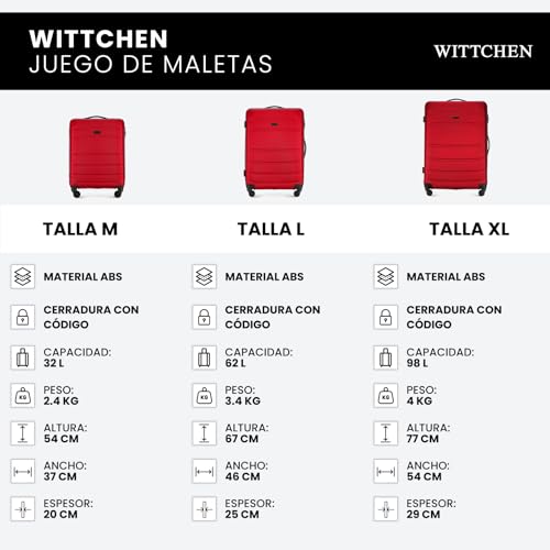 Miniatura 7 de Wittchen Maleta De Viaje Juego De 3 Maletas Trolley Maletas De Cabina Juego De Maletas Abs Con 4 Ruedas Spinner Cerradura De Combinación Asa Telescópica Globe Line Rojo Ryanair Vueling Iberia