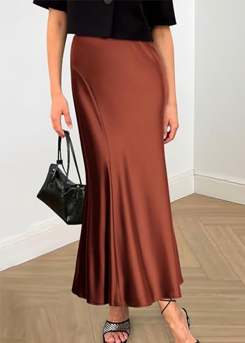 Image of KIRUNDO Women's Satin Maxi Skirt 2026 Summer Fall Trendy High Waisted Wedding Cocktail Party Work Silk A-Line Formal Skirts