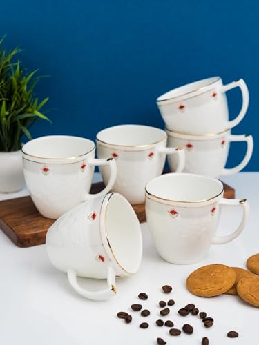 Image of Clay Craft Fine Ceramic Gold Satin Impression Tea /Coffee Set of 6-200 ml Each, Tea Cup Set of 6, Mugs for Coffee, Cups Set of 6, Mug Set, Ideal for Gifting, Perfect for Home and Office