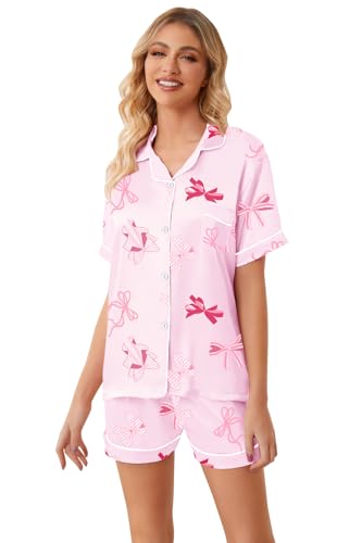 Image of Umeyda Women & Girls Pajamas Set, Soft Satin Lightweight Silk Button-Down Top with Shorts 2 Piece PJS for Mom Boys Kids Gifts