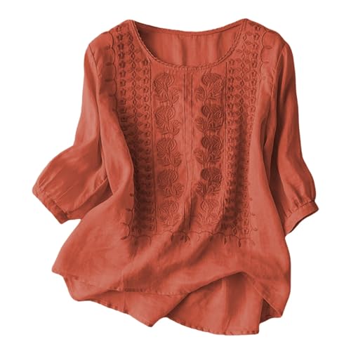 riou Camisas Mujer Manga Larga Algodón y Lino Talla Grande Mode Cuello Redondo Vintage Color Sólido Camiseta Basica Ligera Primavera Blusas y Camisas Original Fiesta Tops T-Shirt tee