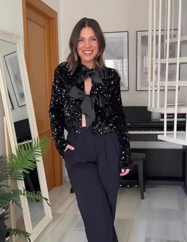 Perbai Womens Casual Sequin Jacket Bow Coat Sparkling Crop Top Party Night Y2K Concert4