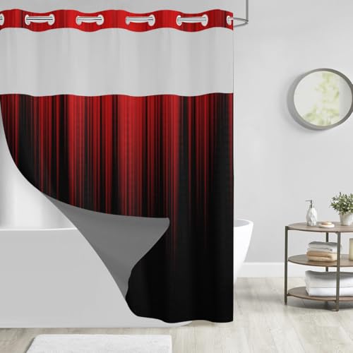 Image of AAtter No Hook Shower Curtain, Red Black Ombre Snap in Liner, 72x72 Inch | Gothic Bathroom Decor for Mens Adult, Polyester Fabric with Mesh Top, Magnetic Weighted Liner, Standard Size Double Layer