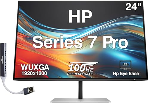 HP Series 7 Pro 24 WUXGA IPS Monitor with 5ms Response Time, Anti-Glare, Flicker Free, 350 nits Brightness, VESA Mount (100mm), Displayport, HDMI & Dockztorm USB Port Expander, Black/Silver