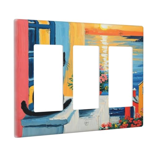 Decorative Outlet Covers Vintage Oil Painting Style Black Cat Sea Flowers 3 Gang Wall Plate Triple Rocker Light Switch Cover Plate Jumbo Electrical GFCI Faceplate for Country Home Decor