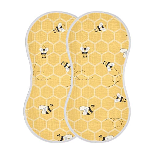 Image of YYZZH Cute Bee On Honey Yellow Honeycomb Muslin Burp Cloths for Baby 2 Pack 100% Cotton Baby Washcloths Bibs for Boy Girl