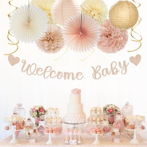 Image of Champagne-Gold Beige Fall Baby-Shower Party-Decorations - 36pcs Welcome Home Banner Sign,Neutral Paper Lanterns,Girl Streamers Garland,Boho Hanging Tissue Pom Poms Flowers Fans Backdrop Decor Burgleda