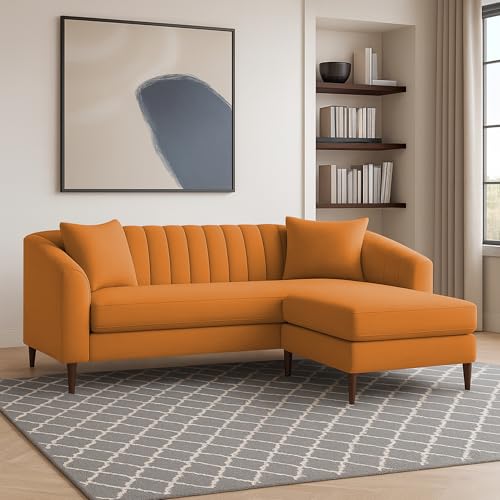 Image of Casaliving Doraldo 4 Seater L Shape Convertible Sofa Set for Living Room, 3 Seater & Ottoman Modular Sectional Couch for Small Space (Orange Colour) Fabric