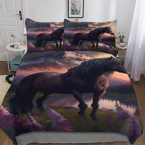 LTTTT Juego de ropa de cama con diseño de caballo, funda de edredón de 2 piezas para niños y adolescentes, funda de edredón de microfibra suave de poliéster para cama individual (135 x 200 cm)