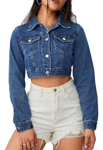 Women's Denim Jackets Cropped Jean Jacket Long Sleeve Casual Button Down Crop Jean Jacket