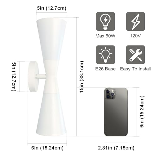 Image of Modern Indoor Wall Sconce Up and Down White Wall Sconce Mid Century Indoor Wall Light Fixture Hardwired Wall Mounted Lamp for Living Room Bathroom Bedroom Hallway 15 Inch