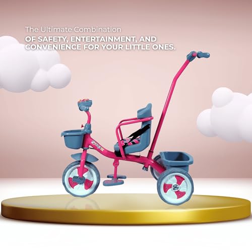 Image of ViniToys Sparx PH Baby Tricycle for Kids 1 to 5 Years with Removable Parental Control Handle, Safety Guard, Seat Belt, Footrest, Music, Storage Baskets and Wide Grip Wheels (Pink, Sparx PH)