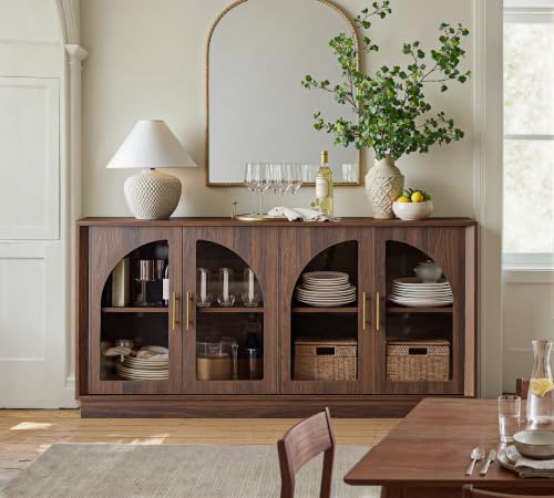 Image of FORTUNETEC 64 inch Sideboard Buffet Cabinet with Arched Glass Doors,Dark Walnut