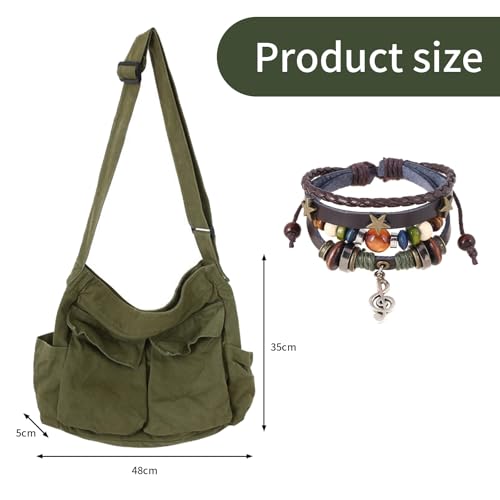 Canvas Messenger Bag with Fairy Grunge Bracelet,Grunge Bag Hobo Crossbody Shoulder Bag for Women Multilayer Leather Beaded Bracelets Fairycore Jewelry Fairy Grunge Accessories2