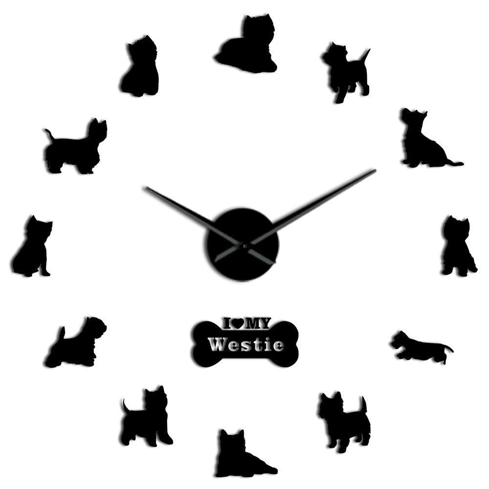 Horloge Murale 3D Westie avec autocollants miroirs dorés pour grand salon