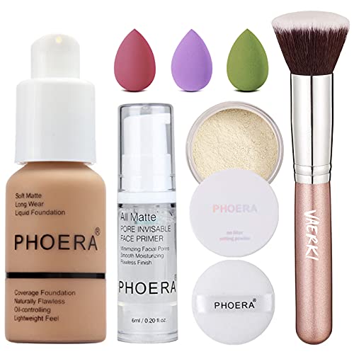 30ml Foundation Liquid Full Coverage 24HR Matte Oil Control Concealer (Sand#105) & 6ml Makeup Lasting Facial Moisturizing Face Primer & Loose Powder(Translusent#01) & Foundation Brush & 3 Makeup Sponge By Vaerki