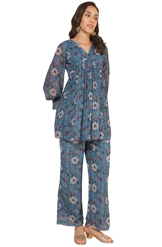 Image of Janasya Women's Chiffon Lurex Floral Printed Top with Pant