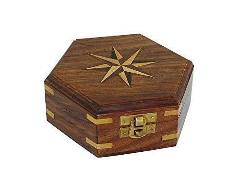 Holzbox, sechseckige Maritime Box mit Windrose Inlay und Messingecken 13 cm Cover