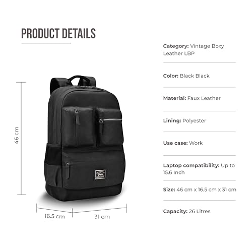 Image of Gear Vintage Boxy 18 inch /26L Medium Faux Leather Water Resistant Laptop Backpack /Casual Bag /Daypack /Travel Backpack /College Backpack For Men /Women (Black - Black)