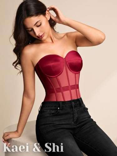 Image of Kaei&Shi Sheer Mesh Overbust Corset,Sexy Strapless Lace Up Satin Bra Corsets Top For Women Shapewear