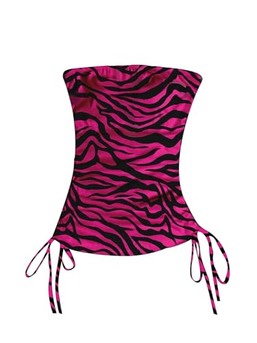 QJQ Women's Zebra Print Gothic Strapless Tube Tank Top 2000s Y2K Sleeveless Drawstring Side Going Out Tops Rose Pink Large