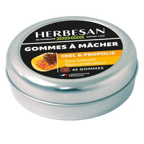 HERBESAN®- GOMMES MIEL & PROPOLIS - Confort de la gorge - Fabrication française - Boîte métal - 45 gommes à mâcher