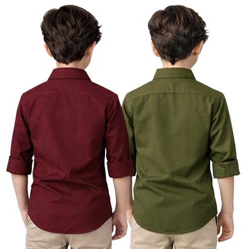 Image of YYQ Pack of 2 Boys Cotton Blend Shirts - Full Sleeve Casual, Soft & Comfortable Spread Collar Shirts