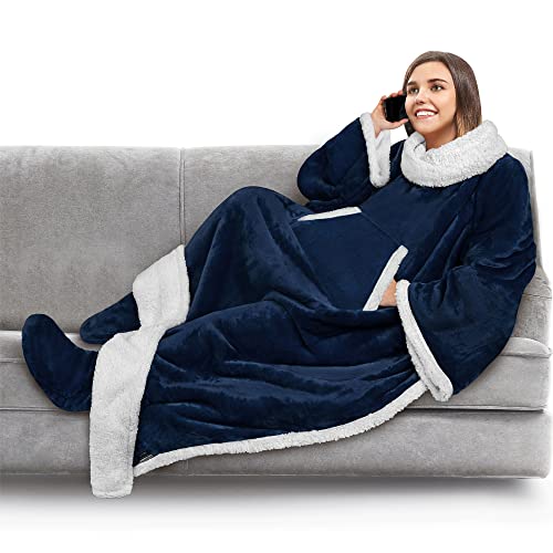 Pavilia Fleecedecke mit Ärmeln, Fußtaschen für Damen, Herren, tragbare Plüschdecke, Überwurf, warme Kuscheldecke, Bademantel… – Ansicht 1