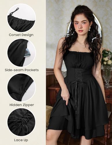 Image of Scarlet Darkness Corset Mini Sundress Chiffon Homecoming Dress for Women | Slim Straps, Ruched Neckline, Lace-Up Front, Layered A-Line, for Graduation Cocktail Party, Fairy Costume with Pockets