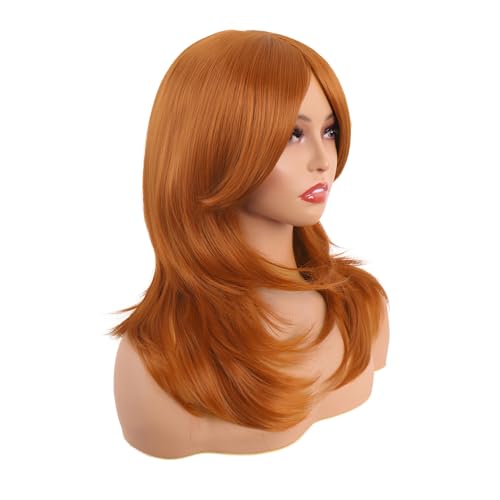Image of MapofBeauty 20 Inch /50 cm Long Layered With Bangs Straight Synthetic fiber Shoulder Length Hair for Daily Use or Party Wig (Orange)