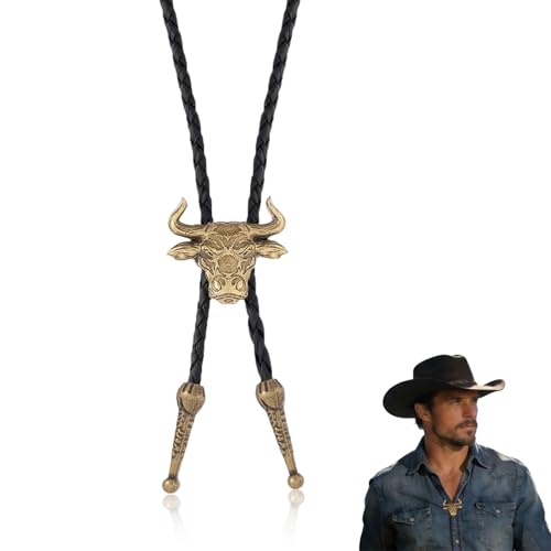 BDEPSTR Bolo Tie Cravate Cowboy Homme avec Pendentif Crâne de Vache, Accessoire de Costume Western Vintage pour Chemise Cowboy, Collier en Corde Noire Style...