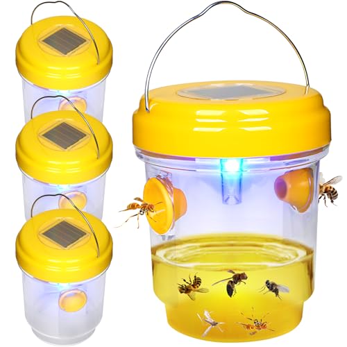 4 Packs Wasp Trap Solar Powered, 2026 Upgrade Yellow Jacket Trap, Bee Traps Outdoor Hanging, Carpenter Bee Traps for Outside, Flying Insect Trap Reusable Hornet Catcher with LED Light