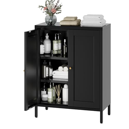 YAUWOH Small Metal Cabinet,Bathroom Storage Cabinet with 2 Adjustable Shelves and 2 Doors,Freestanding Sideboard for Small Spaces, Living Room, Home Office, Dining Room(1PC,Black)