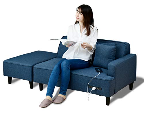 山善(YAMAZEN) ソファ (カウチソファ) 2人掛け 2口コンセント/USBポート付き ロボット掃除機が通れる レイアウト自由 幅110p オットマン クッション2個付き かんたん組立 ネイビー FHS-160E(NV)