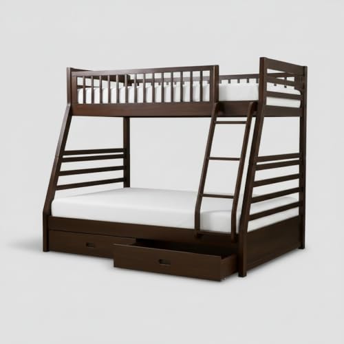 Image of APRODZ Solid Wood Elvira Dark Walnut Twin Over Queen Size Bunk Bed with Storage