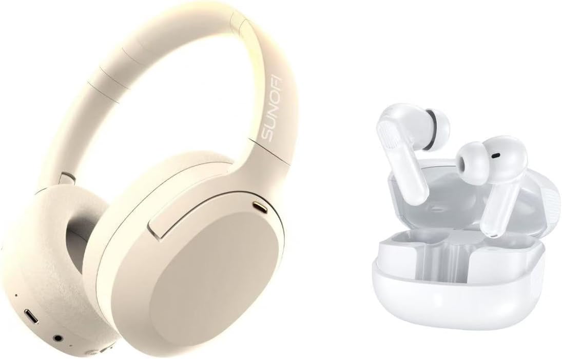 Hybrid Active Noise Cancelling Headphones White & Wireless Earbuds Bluetooth 5.3 Headphones White