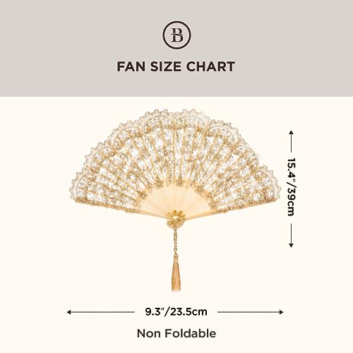 BABEYOND Lace Hand Fan Non-Foldable Vintage Bridal Handheld Fans with Rhinestone and Embroidered for Wedding Decoration Dancing Party (E-gold)