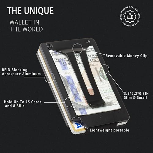 Image of Minimalist Wallet for Men, Slim Metal RFID Blocking Wallet Credit Card Holder Money Clip & Cash Strap, Scratch-Resistant Holds 15 Cards,Ideal Gift for Men | Matt Black